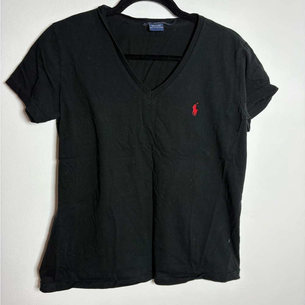 Ralph Lauren Black V-Neck Tee with Red Logo